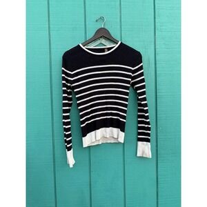 Striped Ribbed Knit Long Sleeve Top‎ Nautical Button Detail Navy White L